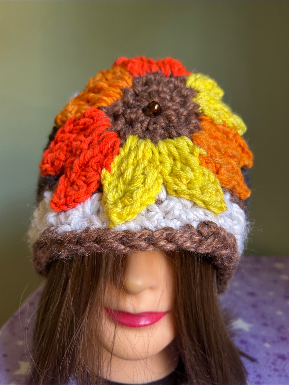 Handcrafted large Sunflower Crochet Beanie - thick acrylic new